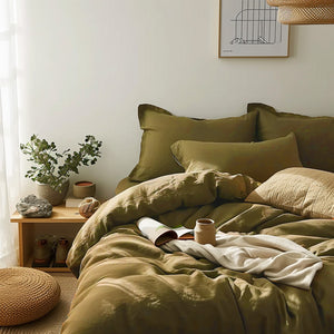 Natural Linen Duvet Cover - Olive Green