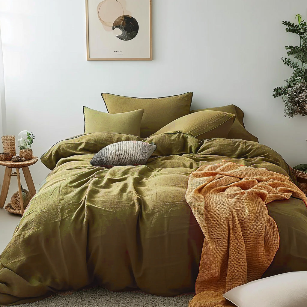 Natural Linen Duvet Cover - Olive Green